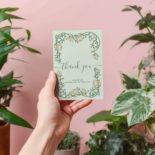 Art Nouveau joli cadre mariage carte de remercieme (Elegant Art Nouveau botanical frame wedding thank you card features thank you script photo)