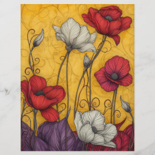 Art Nouveau Poppies Vintage Orange Blanc Rouge