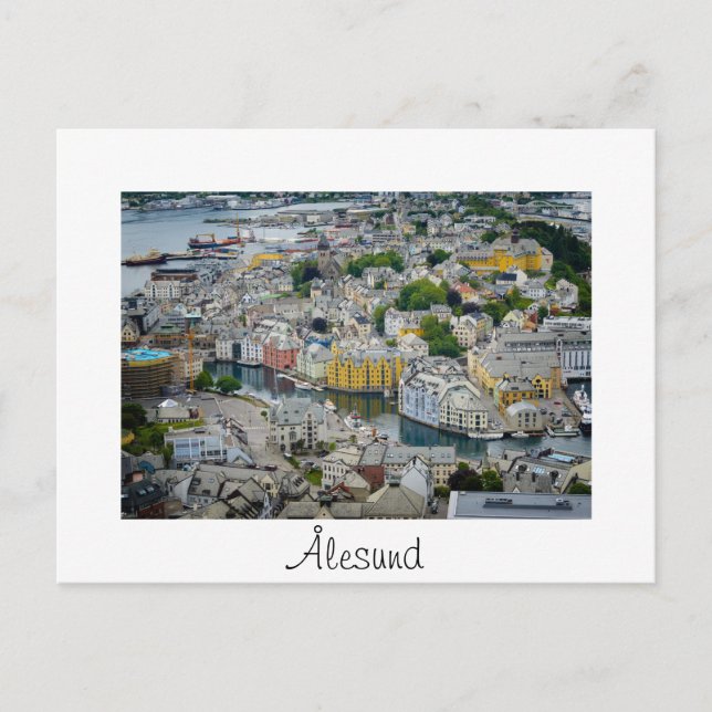 Art Nouveau ville Alesund texte blanc carte postal (Devant)