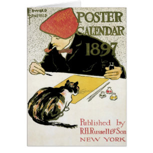 Art Nouveau vintage, Peinture Artiste avec chat an