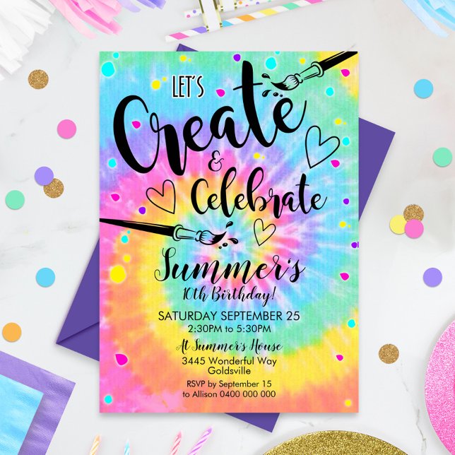 Art Party Invitation Tie Dye Paint Party Rainbow (Créateur téléchargé)