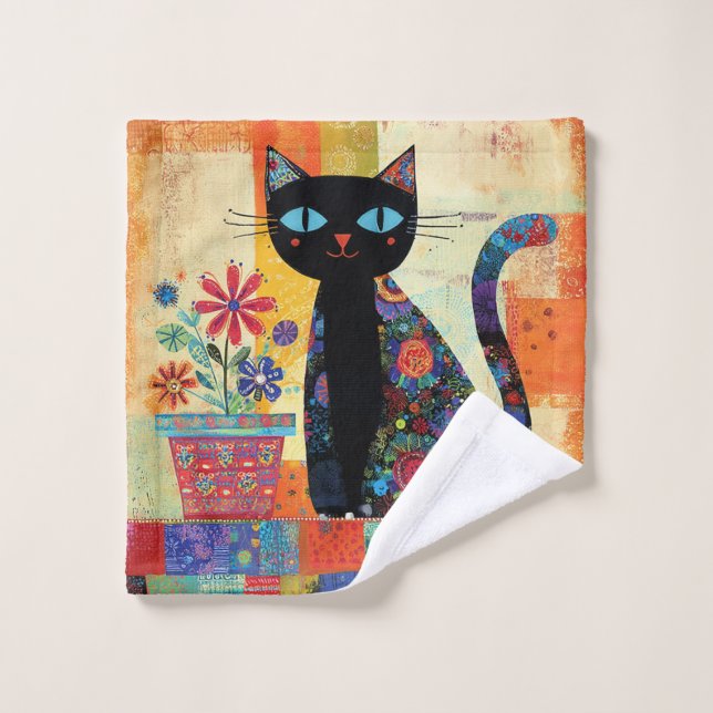 Art populaire de chat noir (Gant de toilette)