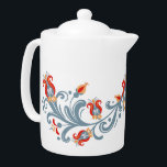 Art populaire scandinave Velkommen Teapot<br><div class="desc">Une tasse de thé chaude est toujours un bon moyen d'accueillir des amis dans votre maison. Cette théière d'inspiration scandinave présente un design d'art folklorique floral, réalisé dans le style traditionnel scandinave de la peinture à tole romarin. La bordure autour de l'avant de la théière a un design tourbillon bleu...</div>