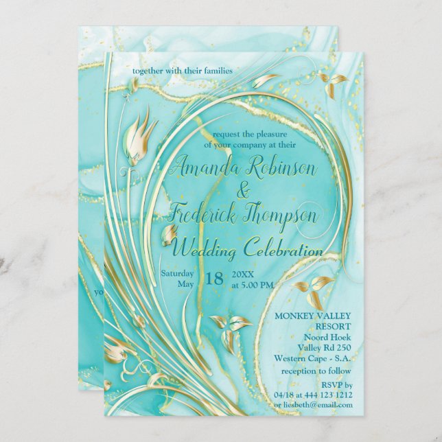 Arty turquoise Or abstraite fleur Invitation (Devant / Derrière)