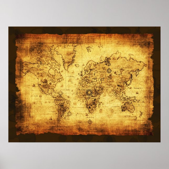 Arty Vintage Old Gold World Map Poster (Devant)