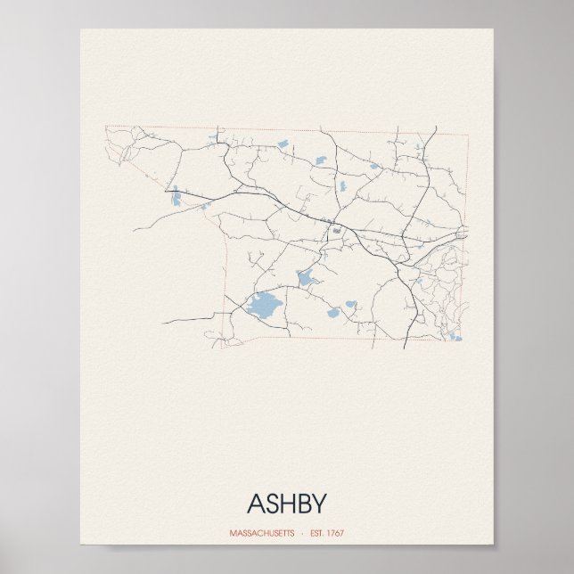 Ashby, Massachusetts Plan de rue Poster – Fondée e (Devant)