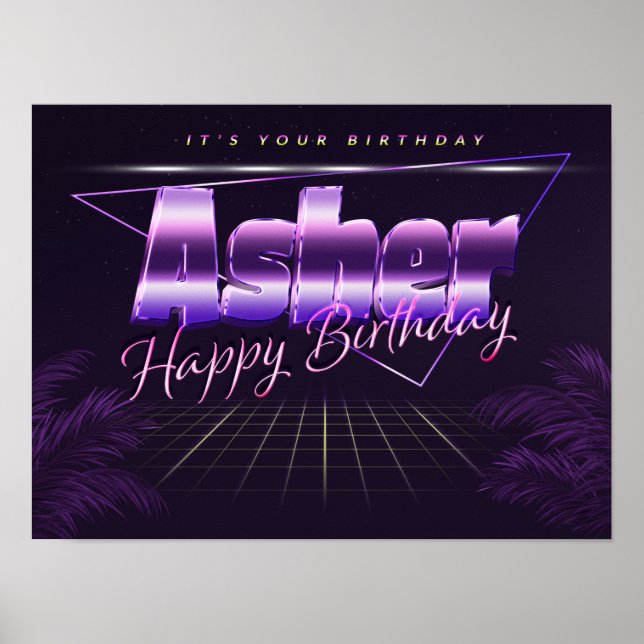 Asher Name Prénom lila retro Poster Anniversaire (Devant)