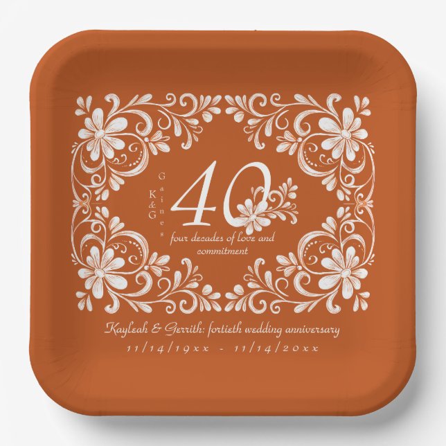 Assiette 40e Anniversaire Shabby Chic Orange Foncé (Recto)