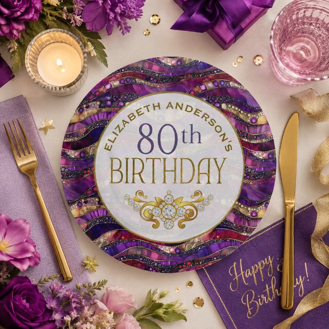 Assiette 80 ans Strates de Bijoux Violet et Or (Purple and Gold Jeweled Strata Patterned and Personalized 80th Birthday Paper Plates.)