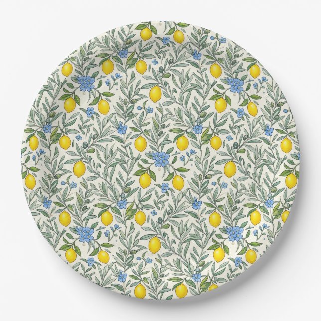 Assiette à motif floral citron et bleu (Devant)