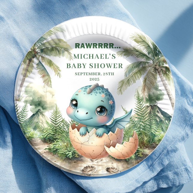 Assiette Bébé Dinosaure Bleu Adorable S'habille Bi (Adorable Blue Dino Baby Shower Hatching Soon Plates)