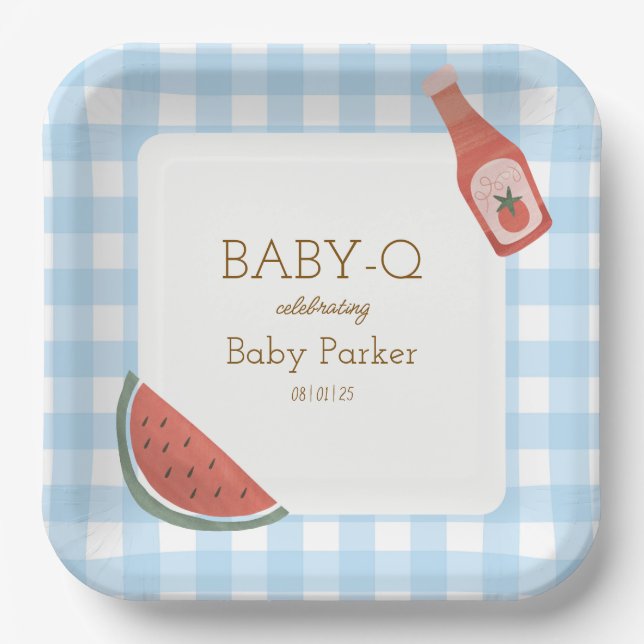 Assiette carrée bébé-Q à carreaux bleus (Recto)