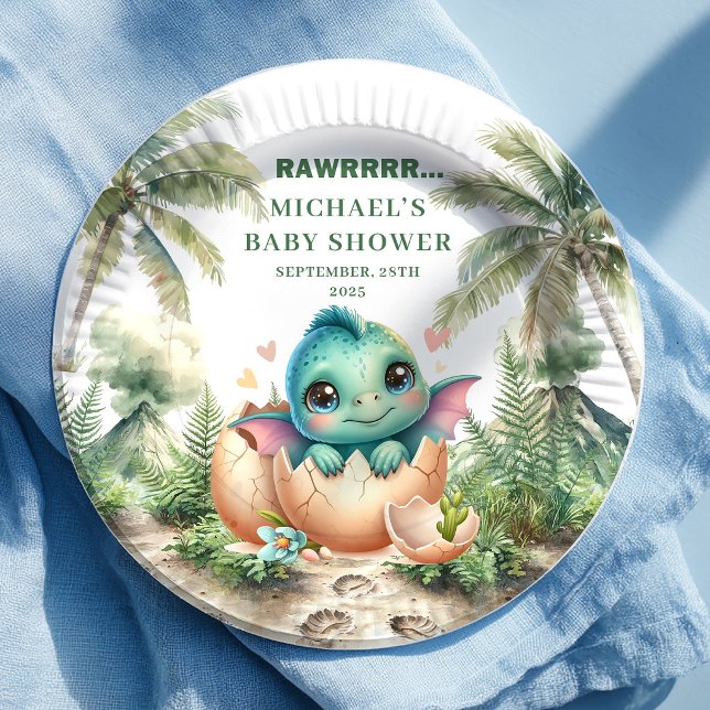 Assiette Charmant bébé dinosaure bleu qui va éclor (Charming Blue Dino Baby Shower Hatching Soon Plates)