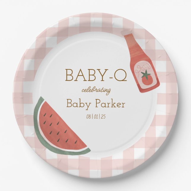 Assiette circulaire bébé-Q à carreaux roses (Devant)