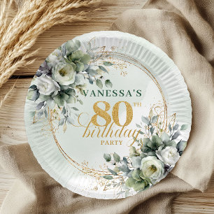 Assiette d'anniversaire 80 ans Watercolor Greenery
