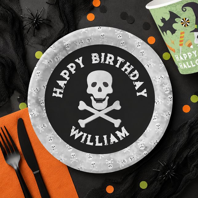 Assiette d'anniversaire Skull Crossbones Halloween (Skull & Bones Birthday Paper Plate)