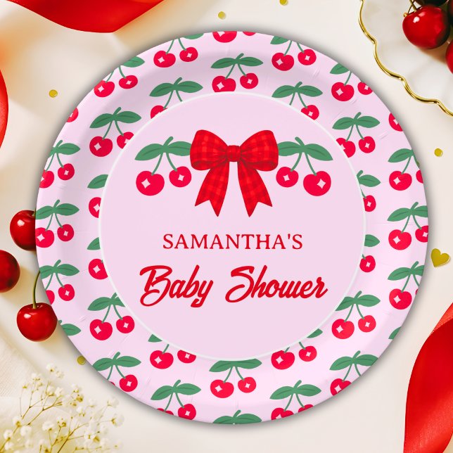 Assiette de Baby Shower Cerise avec Ruban Gingham  (Créateur téléchargé)