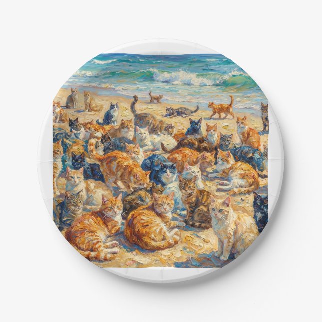 Assiette de chats se détendant sur la plage (Devant)