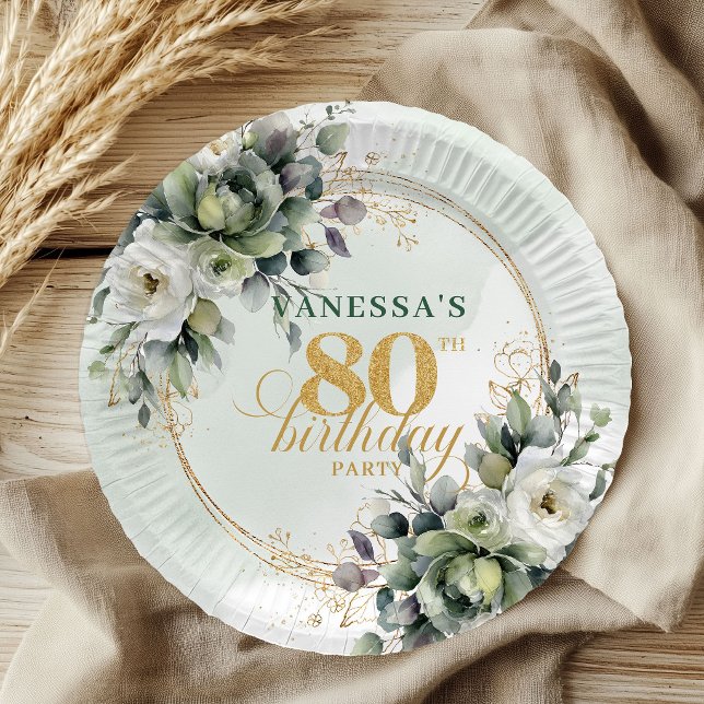 Assiette de fête d'anniversaire 80 ans Greenery Go (Greenery Gold Watercolor 80th Birthday Party Plates)