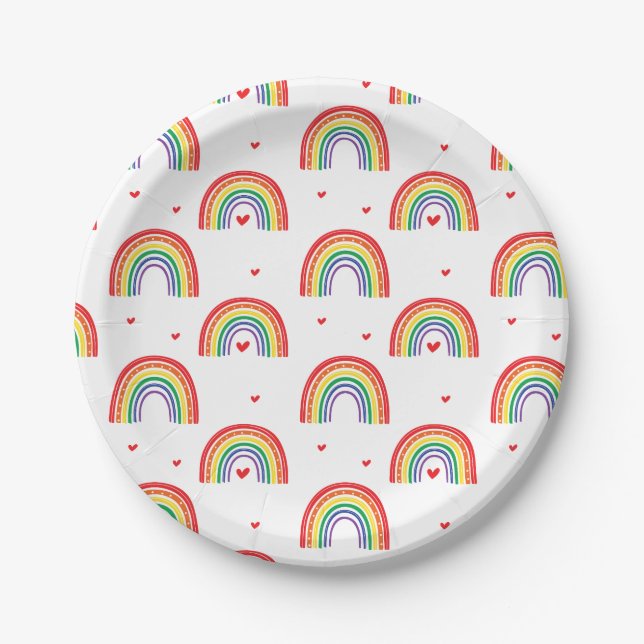 Assiette de fête d'anniversaire Arc-en-ciel et Cœu (Devant)