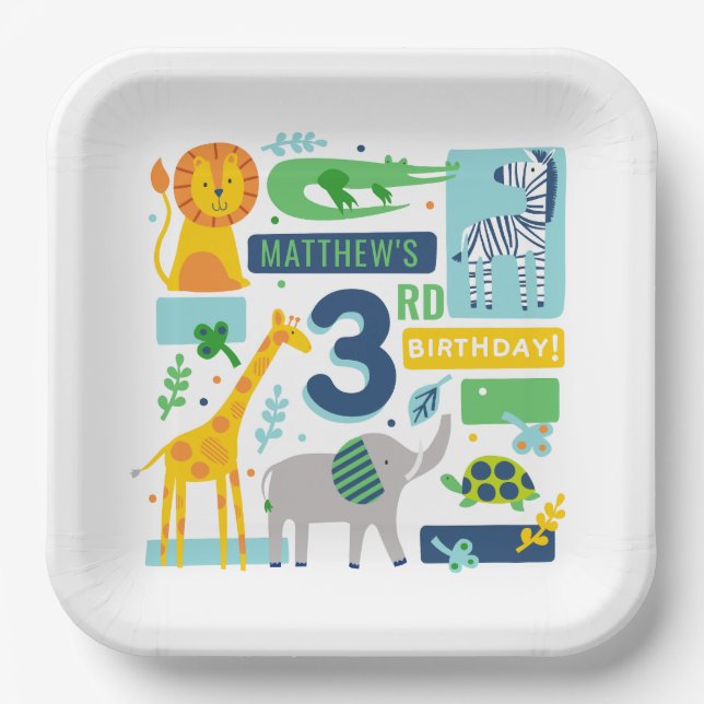 Assiette de fête d'anniversaire Bright Zoo Jungle  (Recto)