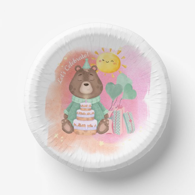 Assiette de fête d'anniversaire ours aquarelle pas (Recto)