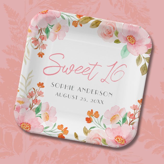 Assiette de fête d'anniversaire Sweet 16 à fleurs  (Créateur téléchargé)
