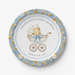 Assiette de Fête de Bébé Fleurie Carrosse Bleu