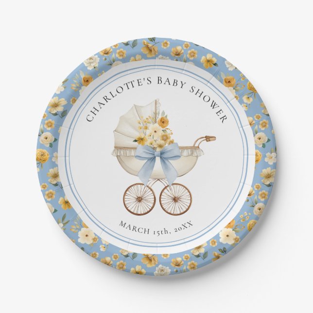 Assiette de Fête de Bébé Fleurie Carrosse Bleu (Devant)