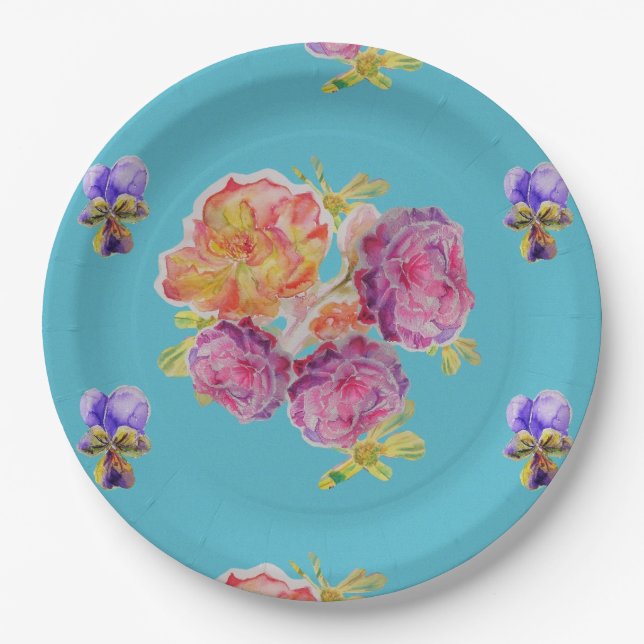 Assiette de fête en papier à motif de fleur de ros (Devant)