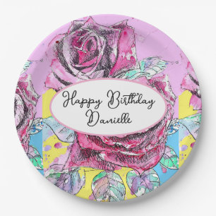 Assiette de fête en papier aquarelle fleur rose ro