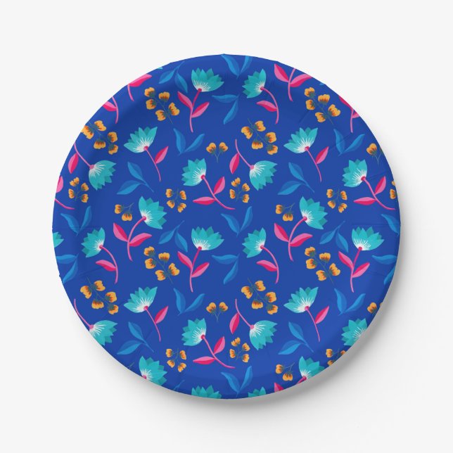 Assiette de fête en papier fleuri bleu (Devant)
