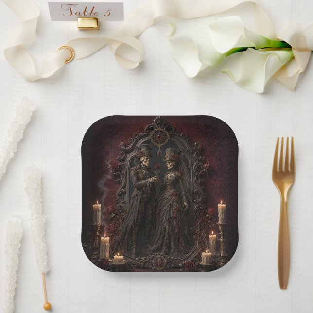 Assiette de fête Halloween pour couple de squelett (Mariage)