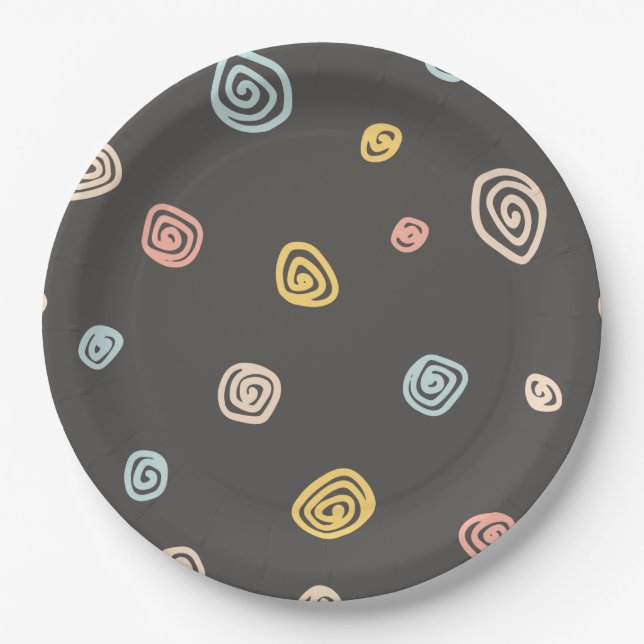 Assiette de fête noire aux tourbillons colorés (Devant)