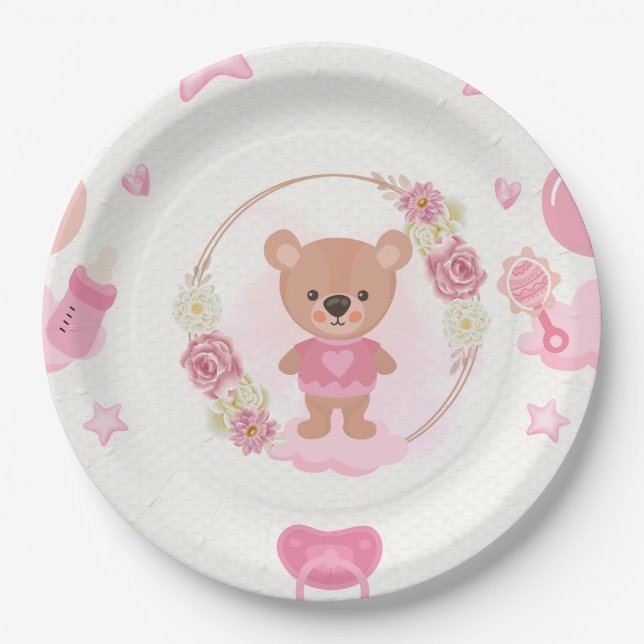 Assiette de fête prénatale Ourson Rose (Devant)