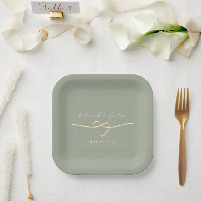 Assiette de mariage à cœur de corde vert sauge (Mariage)