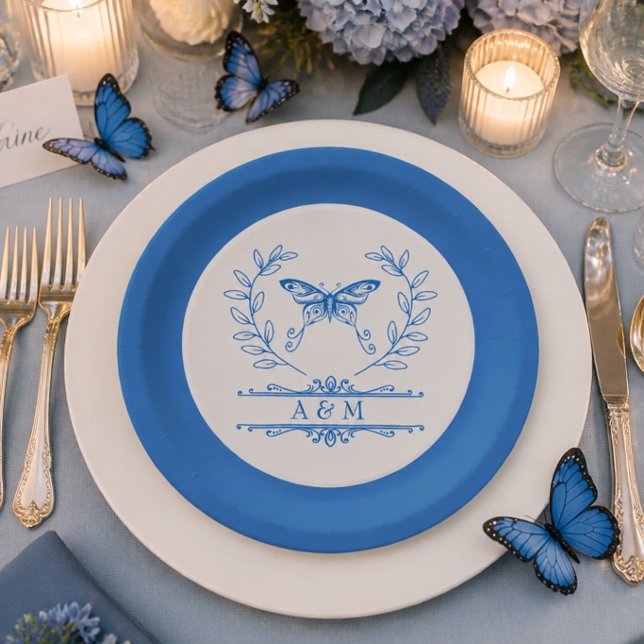 Assiette de mariage à monogramme papillon bleu (Créateur téléchargé)