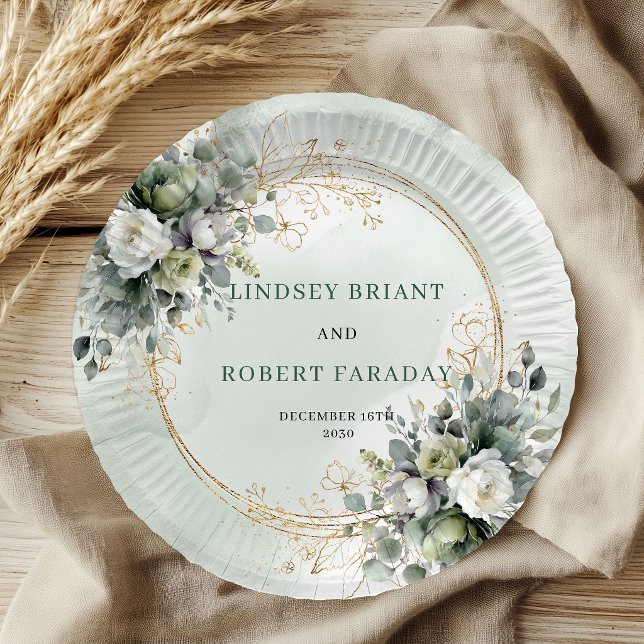 Assiette de mariage personnalisée vert sauge Boho (Boho Sage Green Custom Name Greenery Wedding Plates)