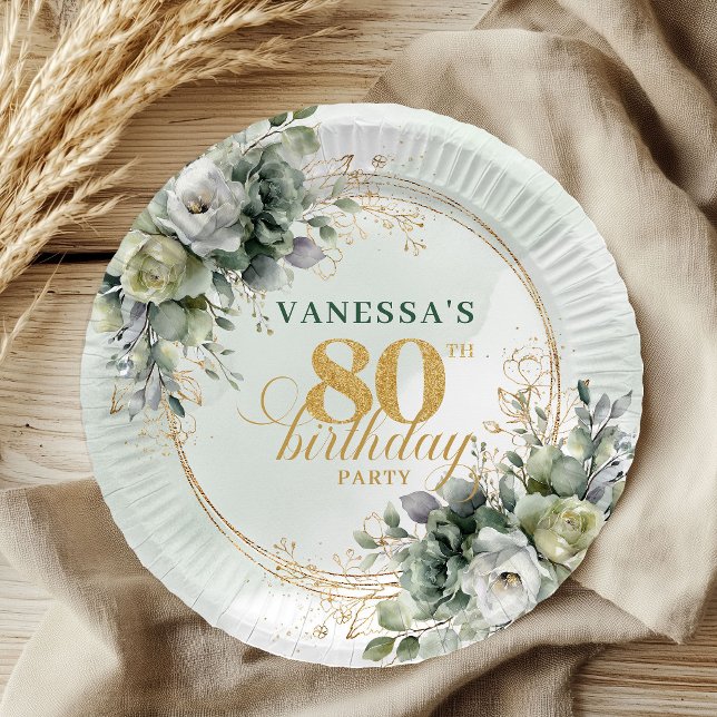 Assiette de style boho pour 80e anniversaire avec  (Green White Foliage 80th Birthday Boho Style Plates)