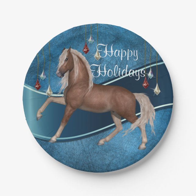 Assiette de vacances avec cheval sur fond bleu et  (Devant)