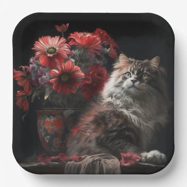 Assiette en carton chat fleur (Recto)