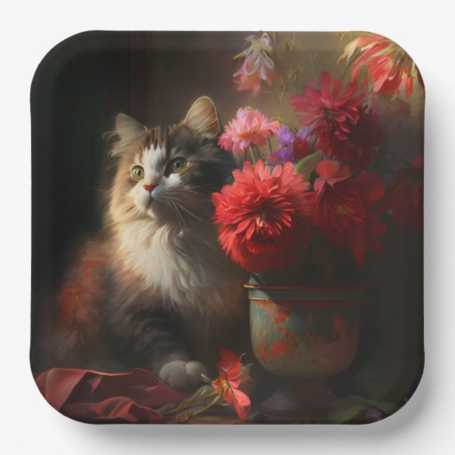 Assiette en carton chat fleur (Recto)