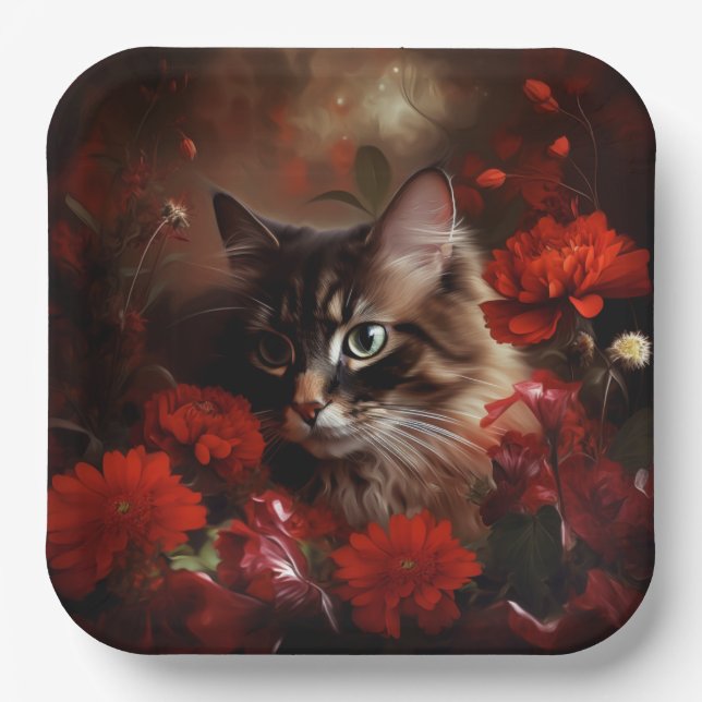 Assiette en carton chat fleur (Recto)