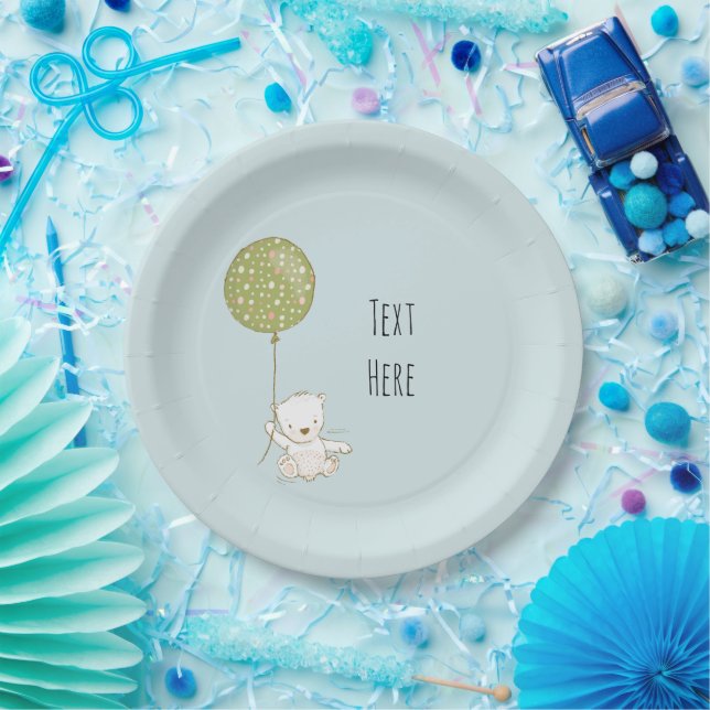 Assiette en carton Ours et Ballon - Bleu (Fête)