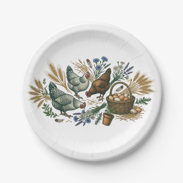 Assiette en céramique Rustique de Ferme Poules et  (Devant)