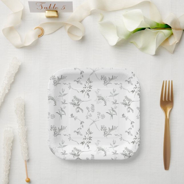 Assiette en noir et blanc à motif botanique floral (Mariage)