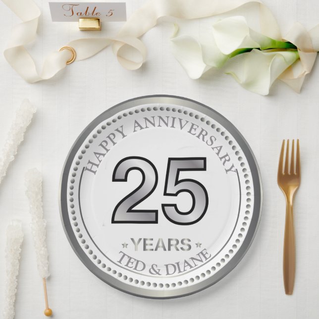 Assiette en papier 25e anniversaire Argent (Mariage)