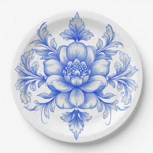 Assiette en papier à décor de chinoiserie bleu et