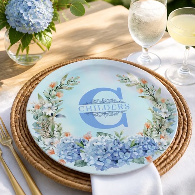 Assiette en papier à monogramme Hydrangea bleue (Créateur téléchargé)