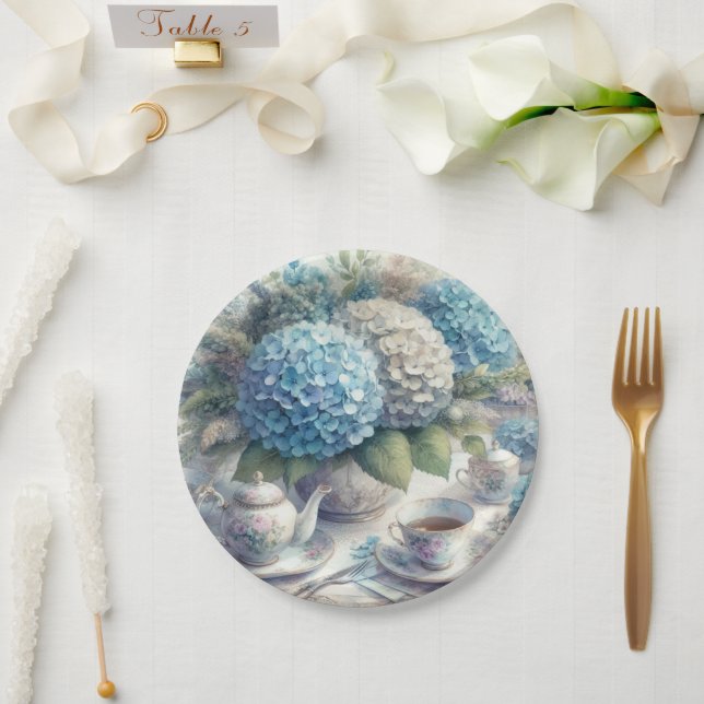 Assiette en papier à motif d'hydrangea bleu pour t (Mariage)